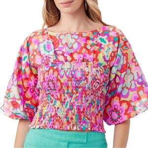 Trina Turk Pink and Red Puff Sleeve Smocked Crop Blouse